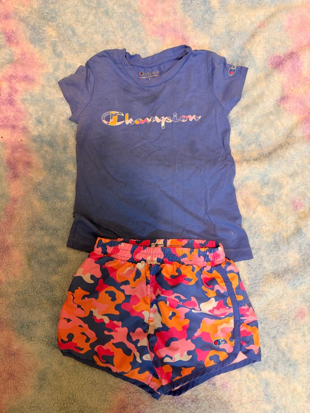 Champion Girls' 2-Piece Classic Script Tee & Camo Running Shorts Activewear Set